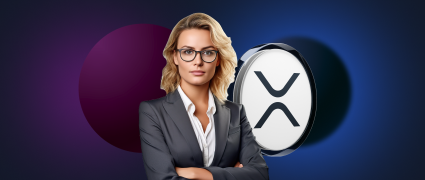 A professional woman wearing glasses and a suit stands next to a logo, symbolizing her involvement in XRP cryptocurrency trading.