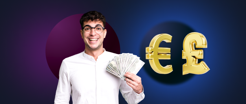 A man holds up cash and a euro sign, representing financial gain and the trading of currencies in a dynamic market.