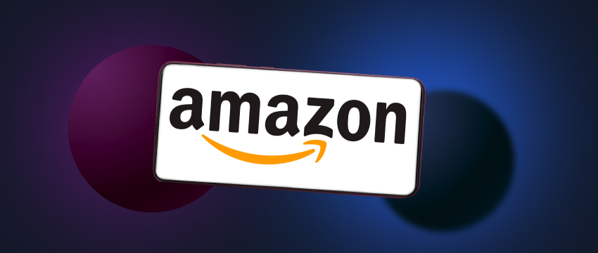 The Amazon logo set against a dark blue backdrop, representing the Amazon's stock performance in the market.