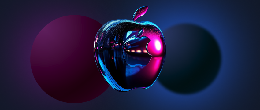 Apple logo prominently displayed against a vibrant blue and pink background, symbolizing innovation and technology.