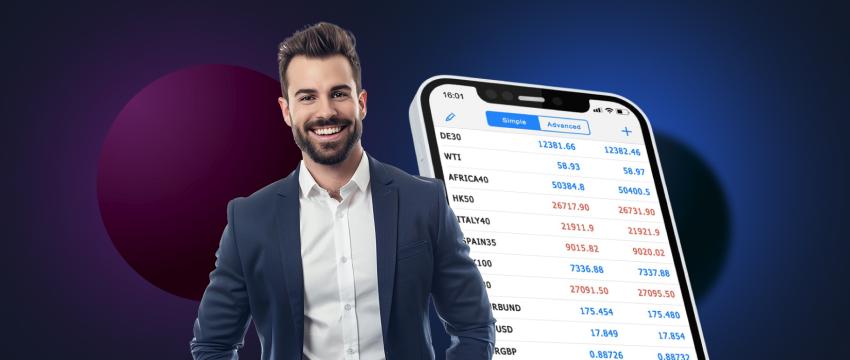 A suited man next to a phone shows a stock chart, illustrating index trading on the MT4 trading platform.