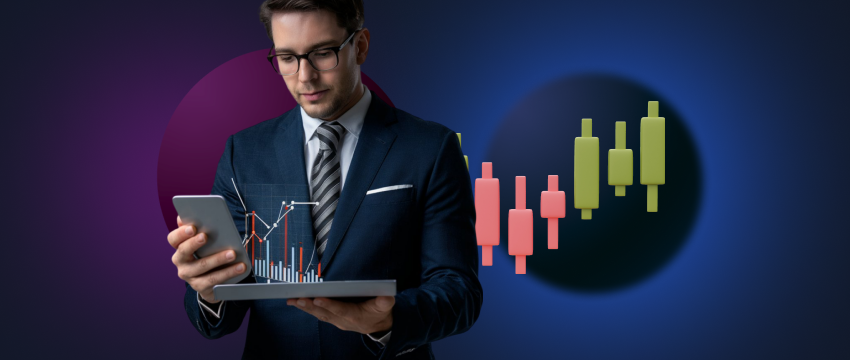 A suited man examines a tablet with a rising trend line, representing effective buy-sell strategies in trading.