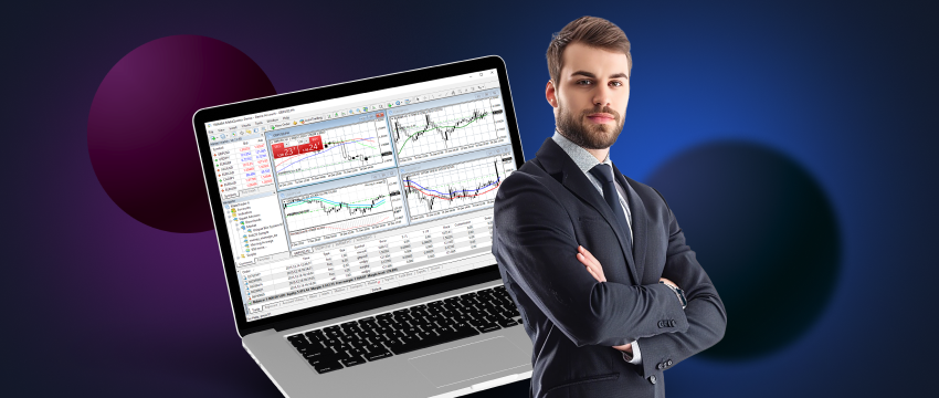 A man in a suit stands beside a laptop displaying trading charts, symbolizing success in trading with MetaTrader 4.