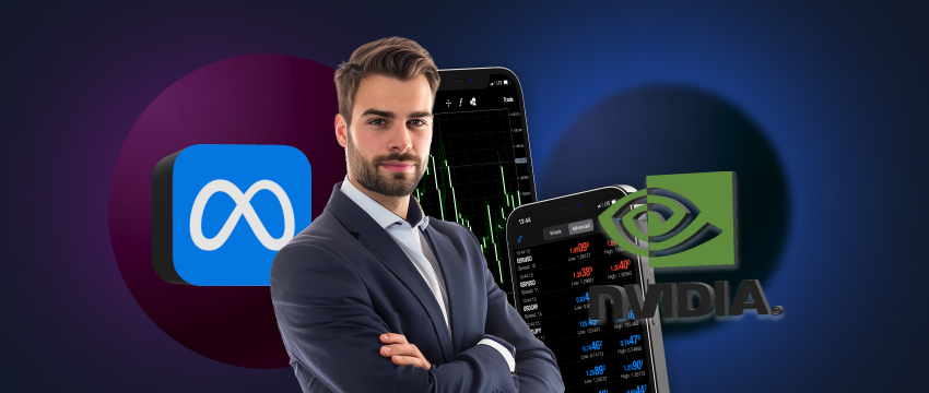 A businessman in a suit holds a phone displaying the Nvidia logo, symbolizing mobile trading in stocks and shares.