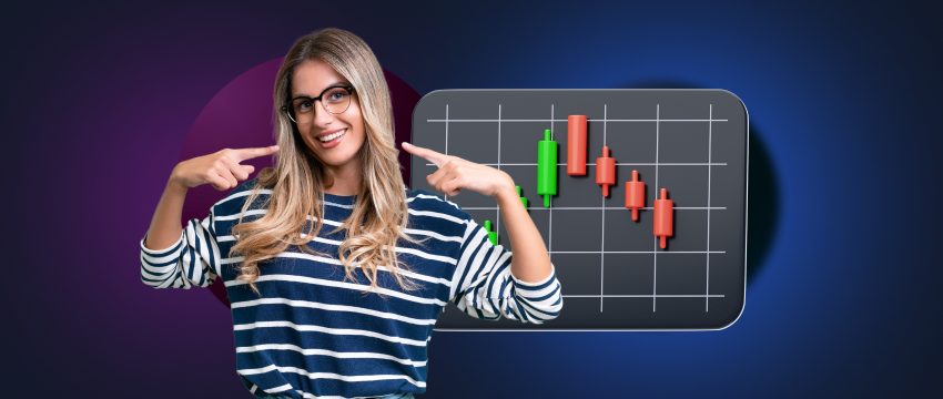 Successful woman trader points at a chart on her app, illustrating her delivery of a trading strategy with confidence.