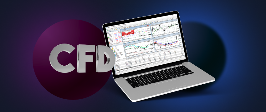 An image of a laptop with the MetaTrader 4 interface, demonstrating forex trading through CFDs.