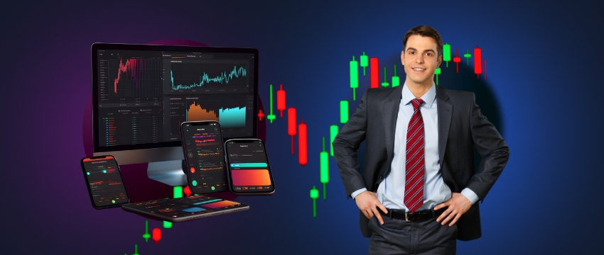 A man dressed in a suit and tie stands by a computer with a stock chart, symbolizing day trading using the MT4 platform