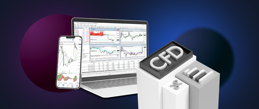 Visual instructions for initiating forex trading with CFDs on the MT4 platform, suitable for both mobile and laptop users.