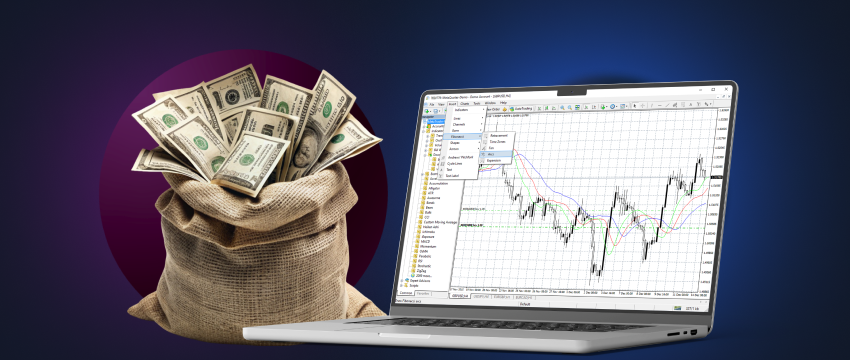 Forex trading scene featuring a laptop and money, demonstrating the use of MetaTrader 4 for online trading.