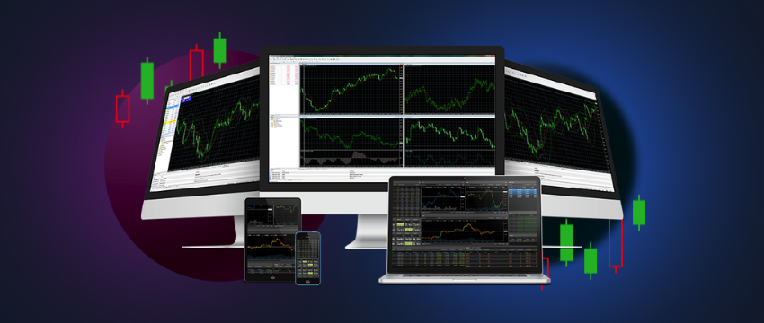 A computer monitor, smartphone, and tablet showcasing stock market trends using the MetaTrader 4 trading platform.