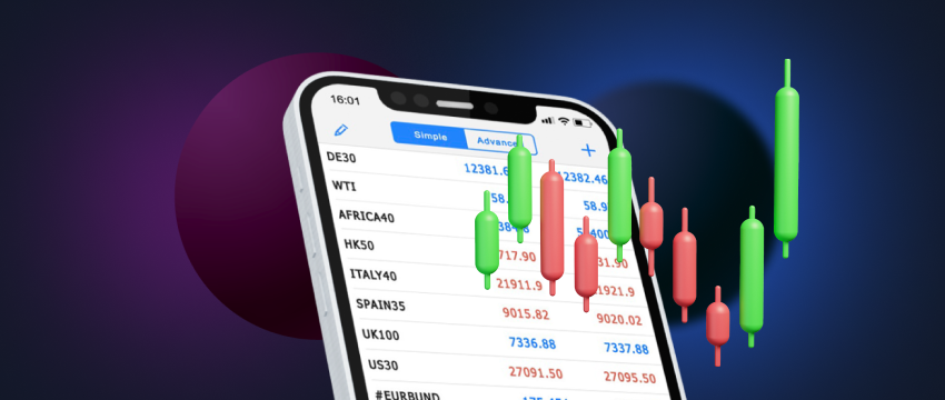 A close-up of an iPhone displaying the MT4 forex trading app, illustrating mobile buy and sell functionalities.