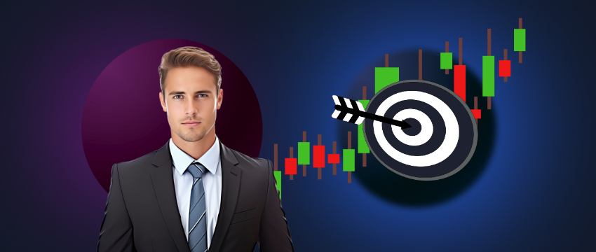 A suited man grips a dart and an arrow, representing focus and aim in online trading and investment goals in mt4!