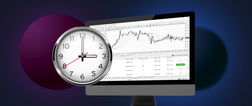 Une horloge et un graphique boursier sur un écran d'ordinateur, mettant en évidence le timing des transactions pour le Forex sur la plateforme MT4.