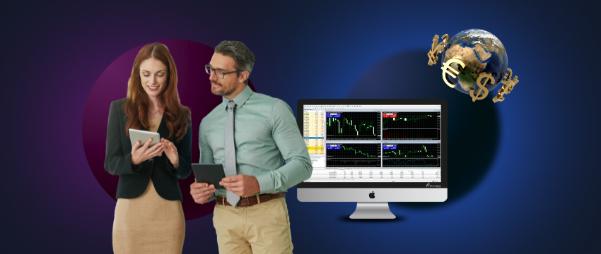 Two traders analyze currency pairs on a computer screen displaying a globe, focusing on global forex markets.