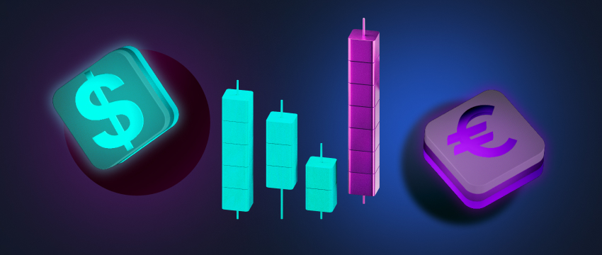 Three vibrant bars alongside dollar signs, depicting forex chart data related to the dollar and euro currency pair.