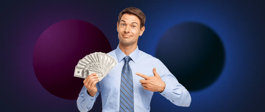 A well-dressed man in a tie and shirt displays money, representing his success as a trader in the financial market.