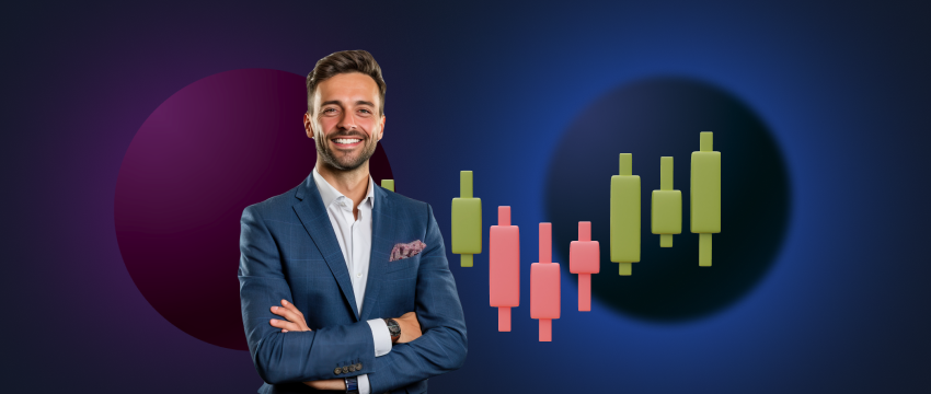 A man in a suit stands confidently before a vibrant background, symbolizing success in forex trading and market analysis.