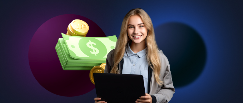 A trader woman displays a tablet alongside money and coins, representing her success with a minimum deposit strategy.