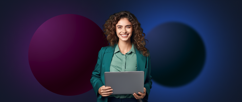 Businesswoman in formal attire holding a laptop, symbolizing a forex trader facing financial constraints.