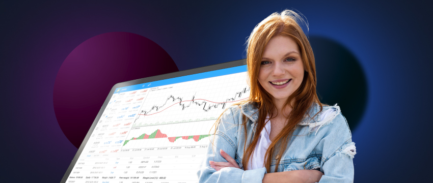 A smiling woman in front of a computer screen, actively using the MetaTrader 4 analyst platform for her work.
