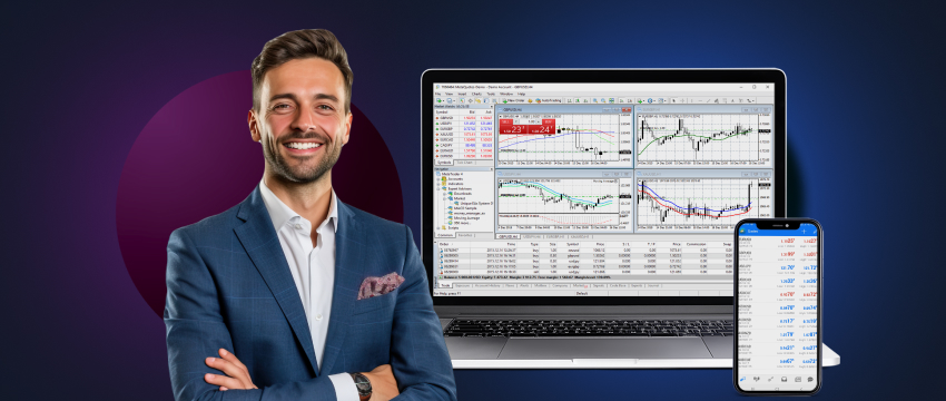 A cheerful trader man in a suit and tie smiles while analyzing trades on his laptop and phone, using the MetaTrader 4 platform.