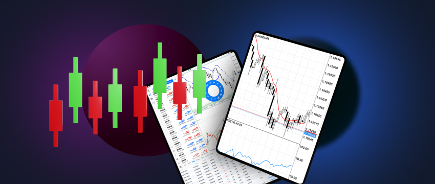 Forex trading application on a tablet, highlighting charts for buying and selling in the MT4 online trading platform.