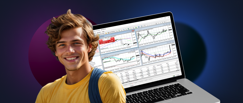 Un hombre alegre se coloca delante de un ordenador portátil, mostrando una sonrisa brillante que refleja su estado de ánimo positivo.