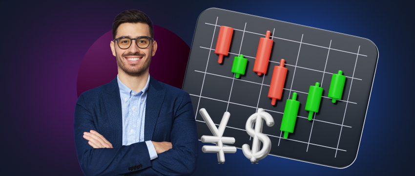 Un homme lors d’un événement forex tient un ordinateur portable tout en se tenant devant un graphique, concentré sur l’analyse de trading.