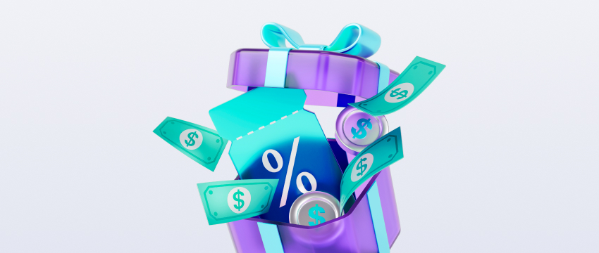 A purple gift box with a bow, open and releasing dollar bills, coins, and a percentage symbol on a blue card perfect for illustrating the can you really live off forex trading dollar gift concept.