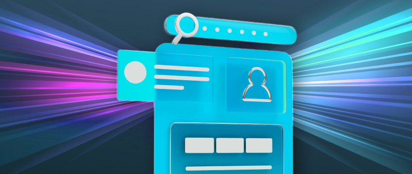 A blue phone on a light background, featuring a glowing user interface with profile icons and a search bar for account trading